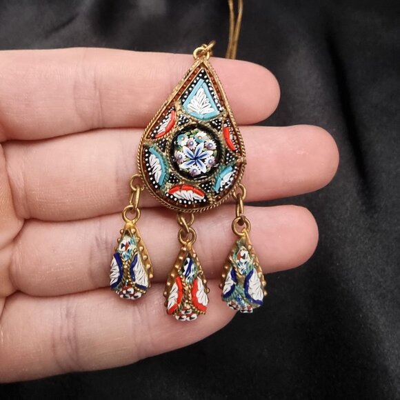 Vintage Italian Gold-Tone Mosaic Pendant Necklace With Dangle Charms & Chain - Picture 7 of 7